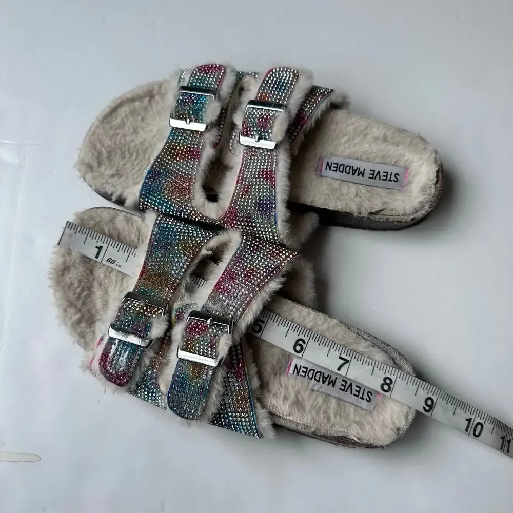 Steve Madden Rhinestone Faux Fur Cozy Sandals Size 8.5